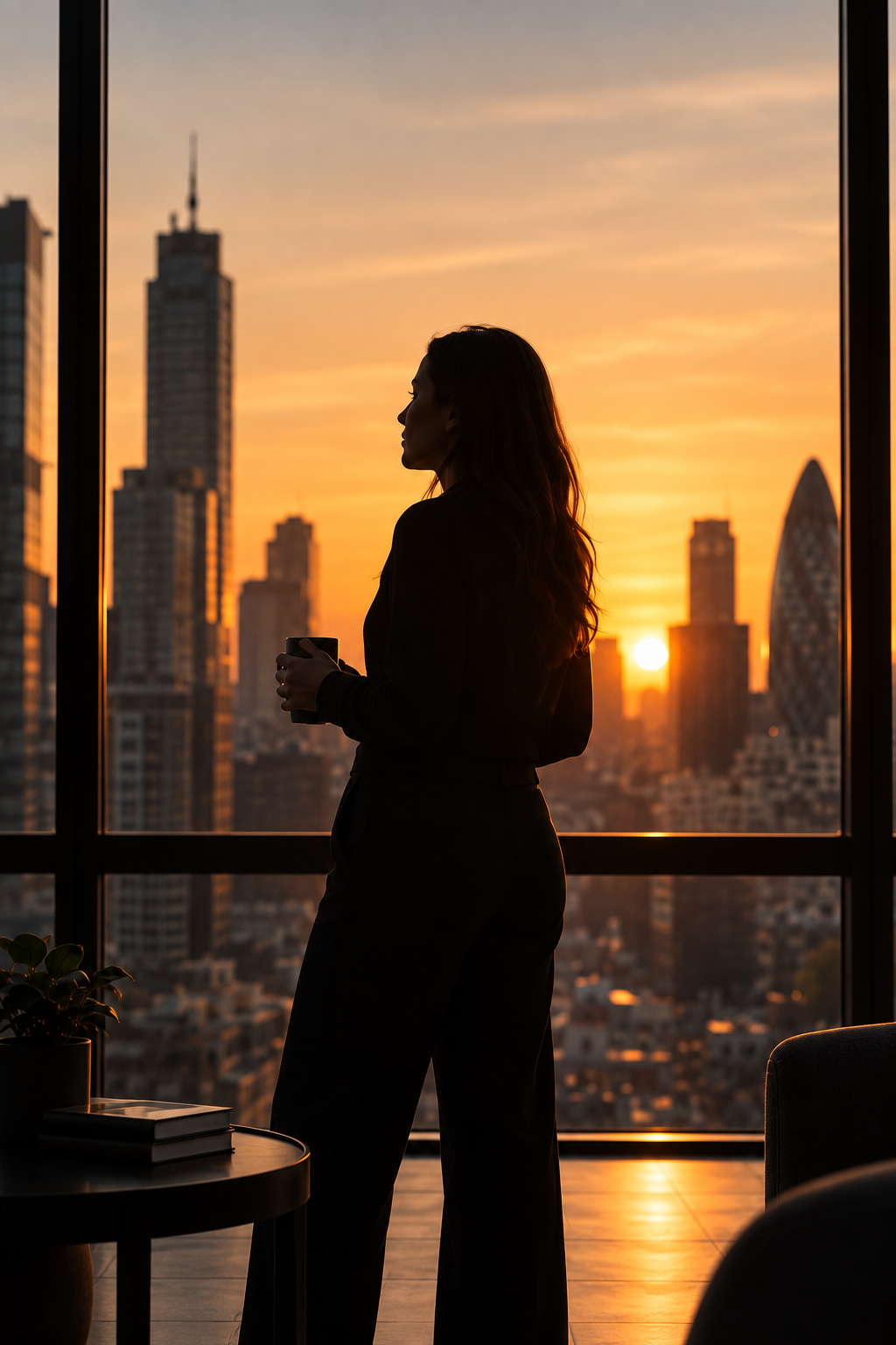 A professional looking out at a city skyline at sunset
