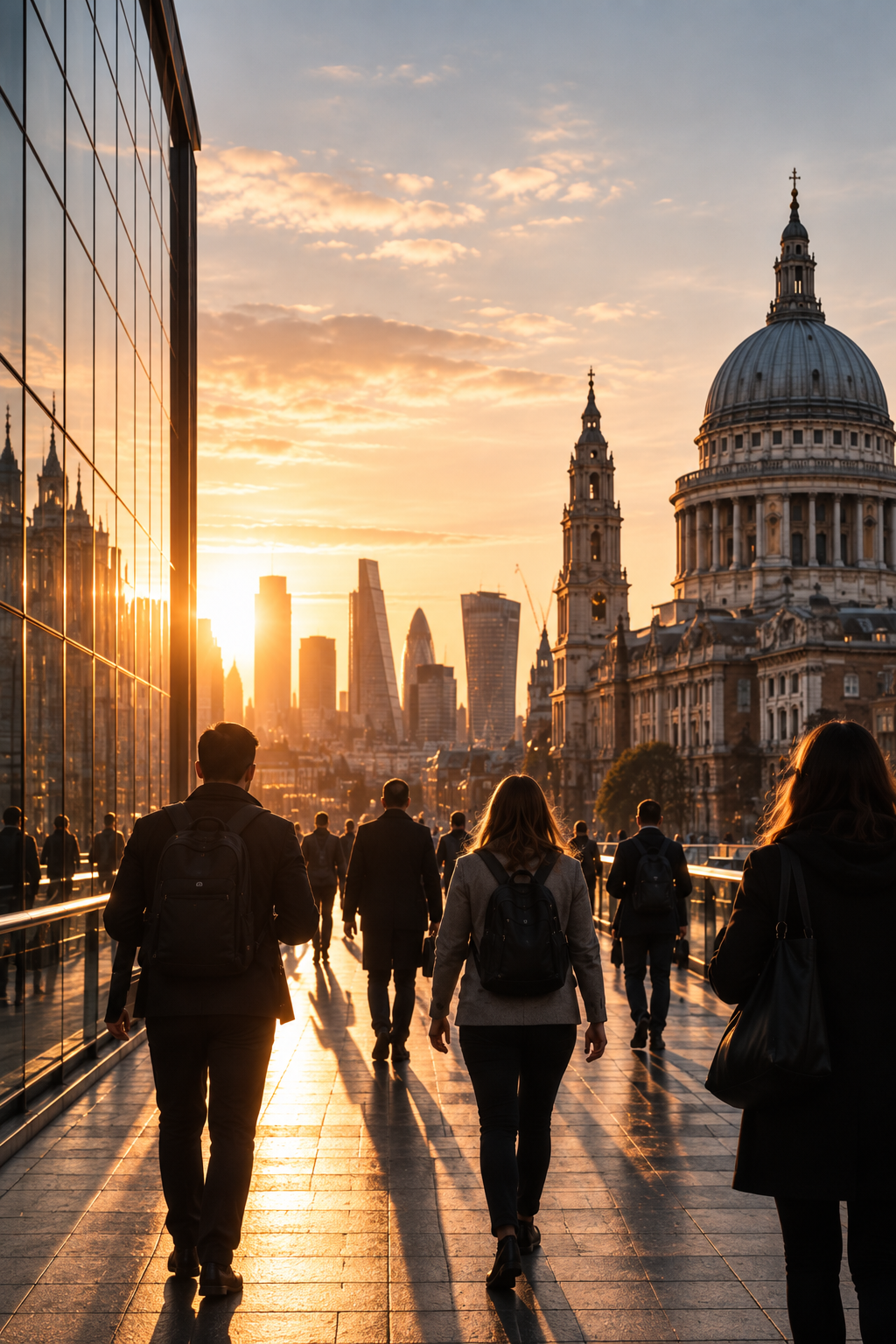 Professionals walking through London at sunset with the skyline ahead