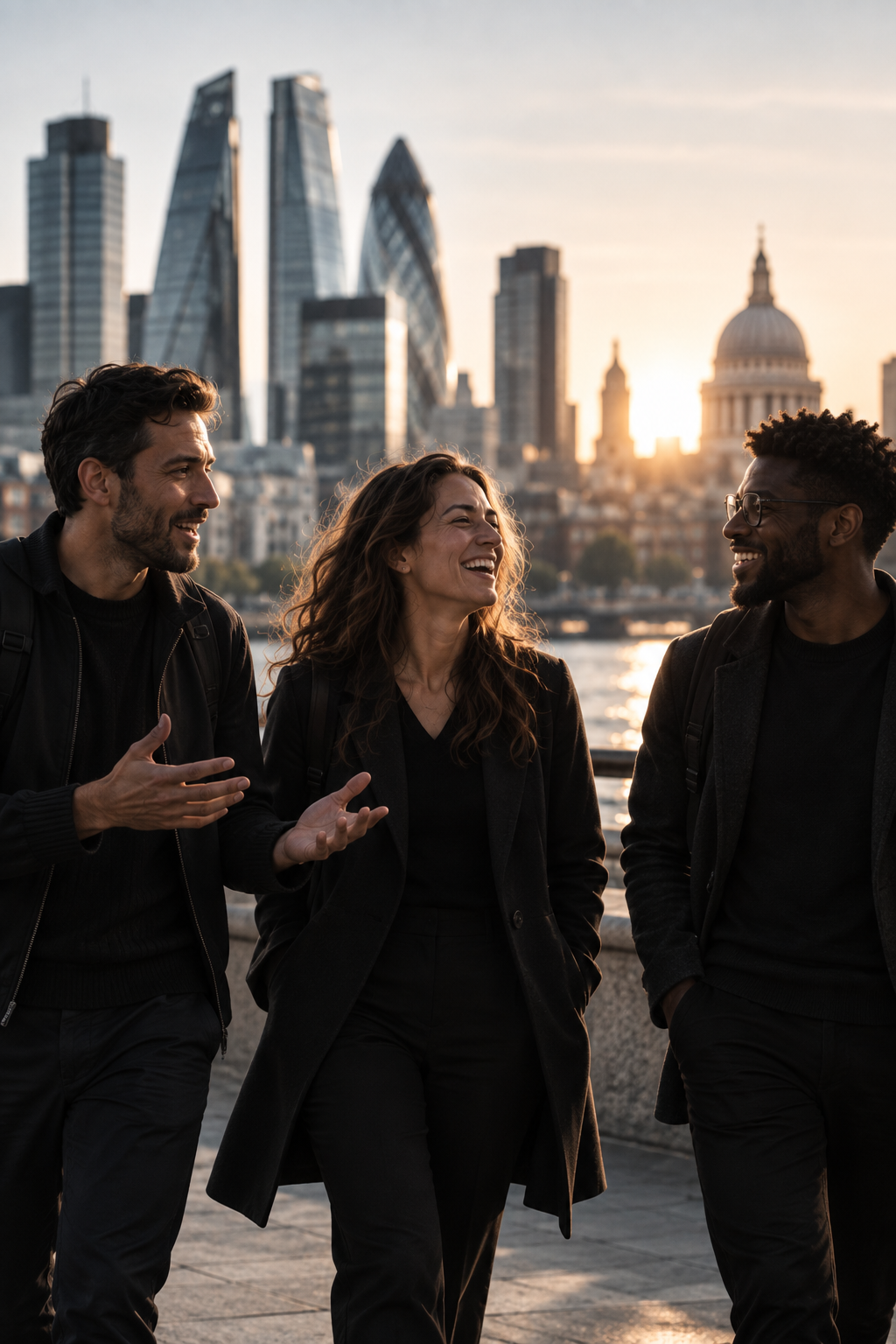Three professionals talking together at sunset with the London skyline behind them