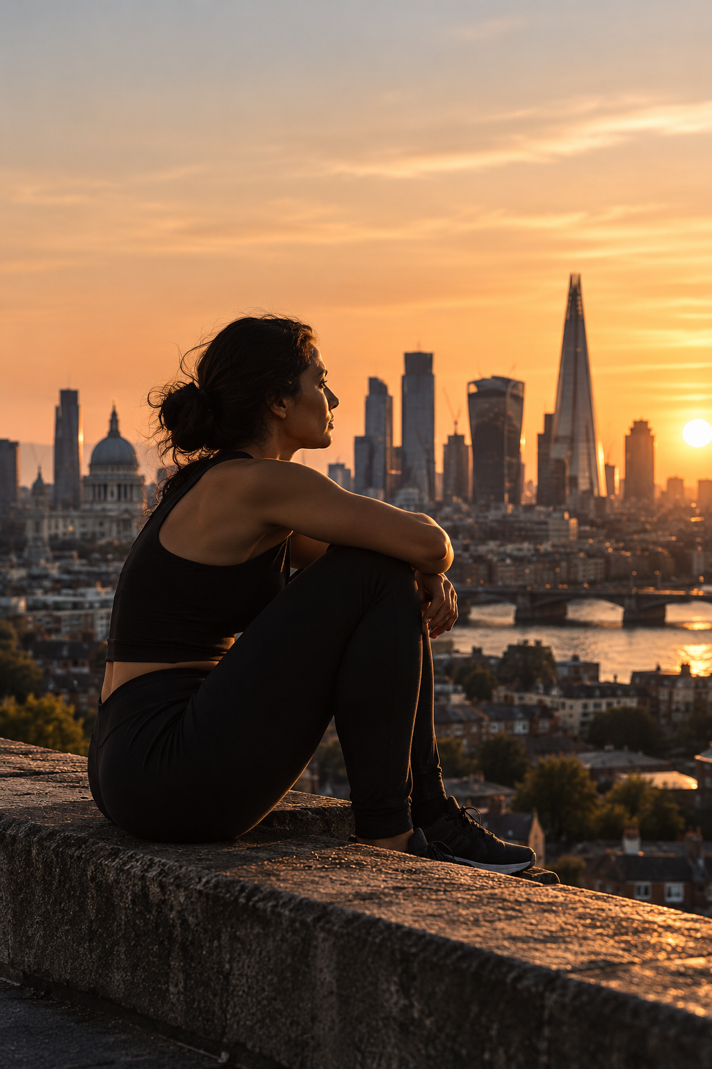 A woman sitting at sunset overlooking the London skyline