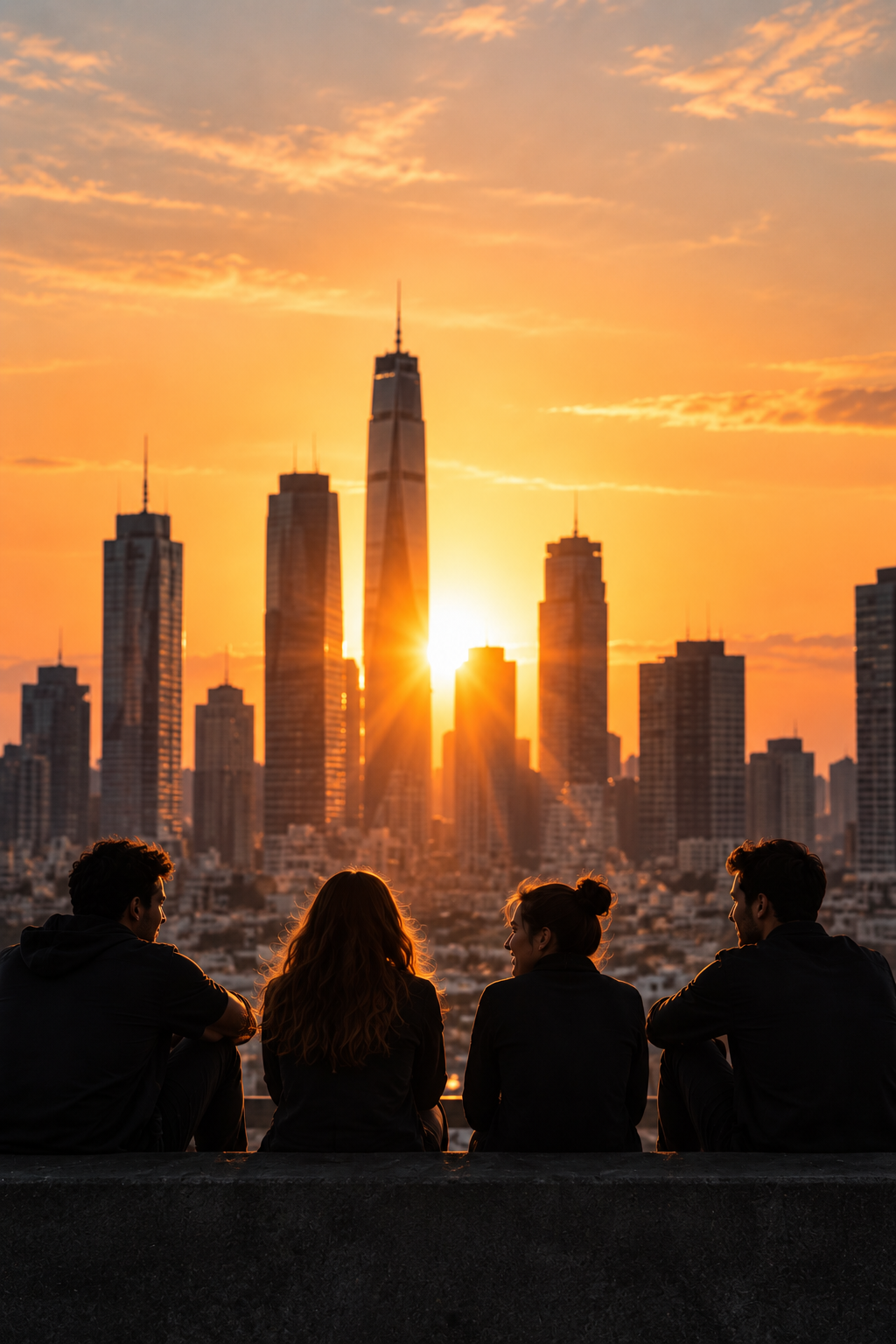 Four professionals looking out at a city skyline at sunset
