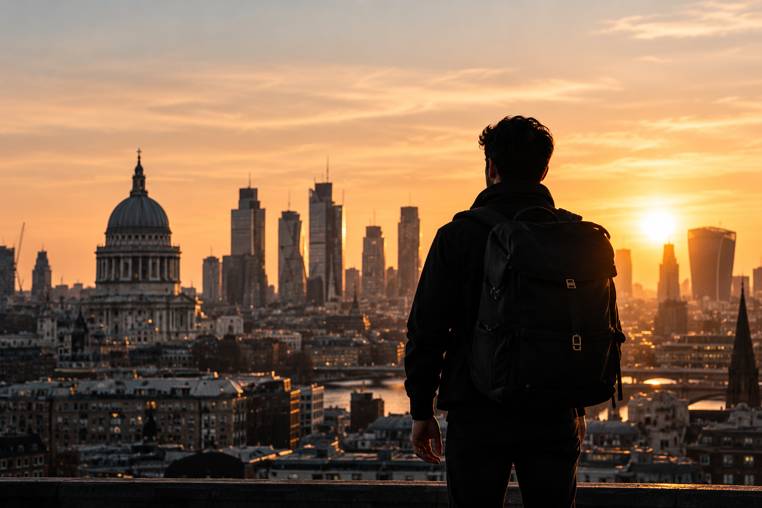 A person with a backpack looking out at the London skyline at sunset
