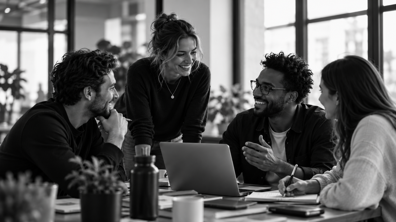 A diverse group of young professionals collaborating in a bright modern studio