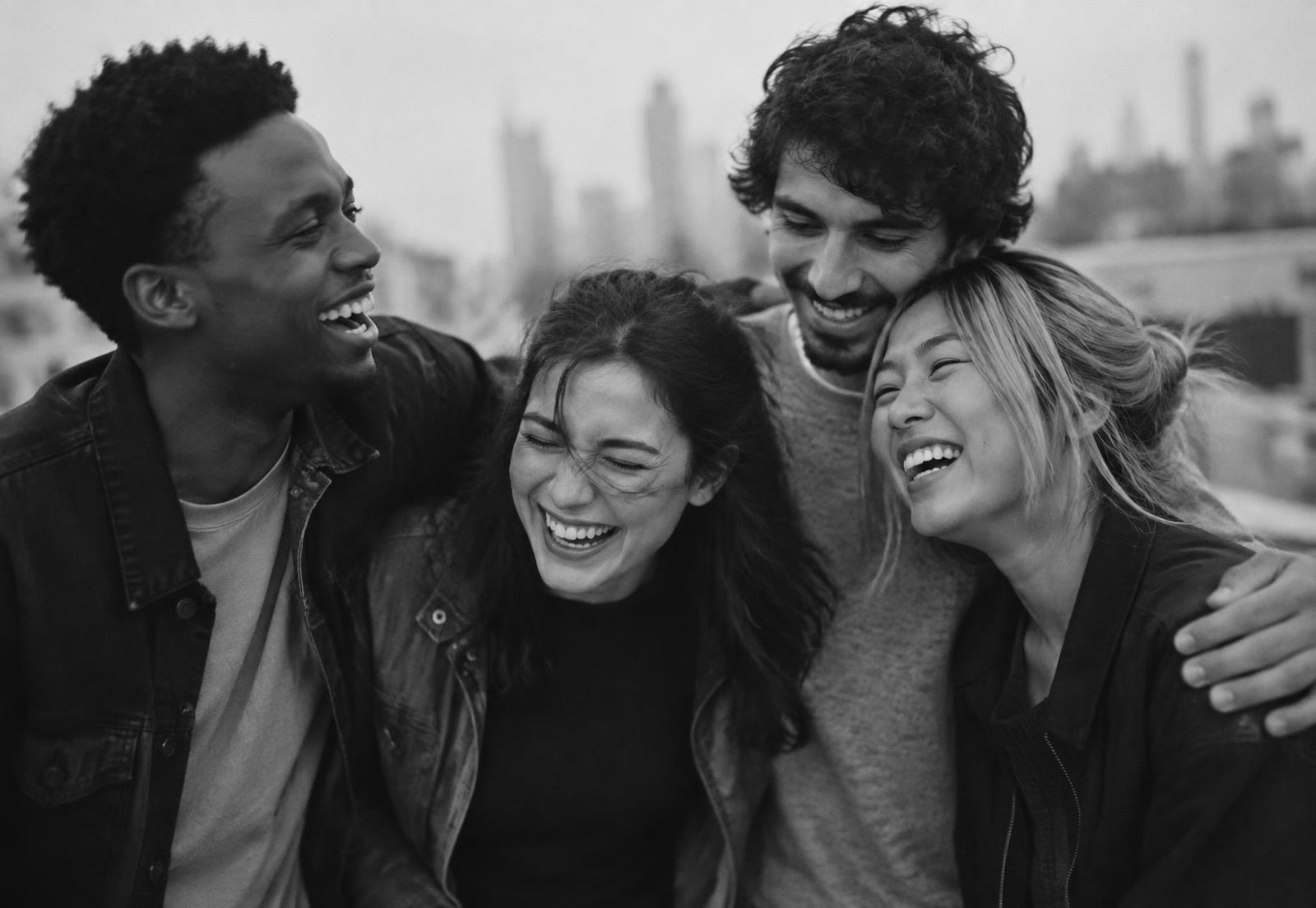 Four friends laughing together with the city behind them