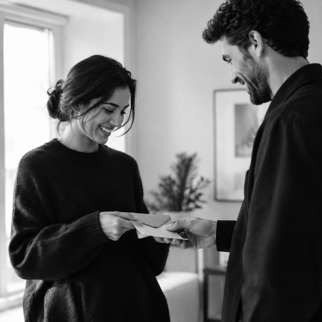 One person handing a gift envelope to another