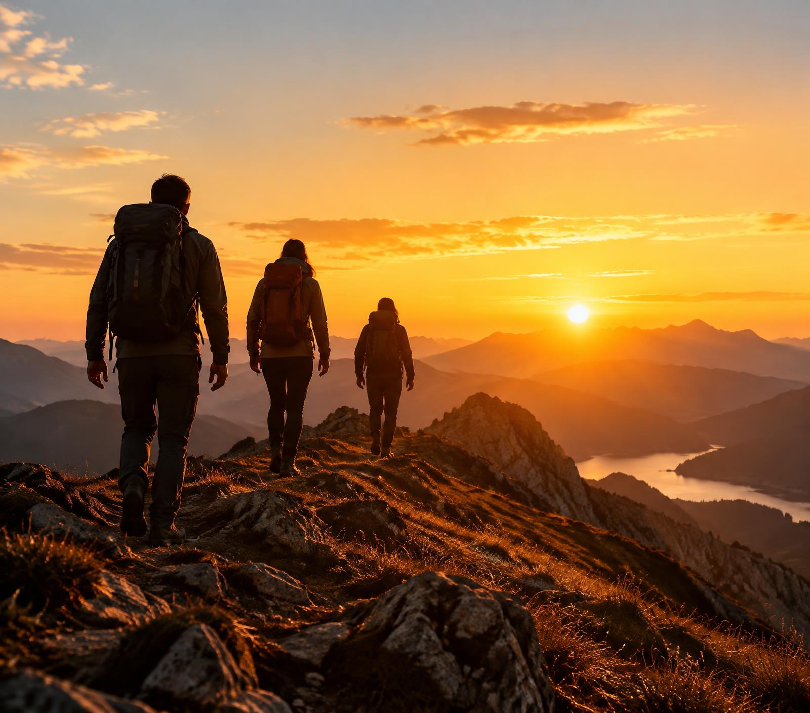 Three hikers walking a mountain ridge toward the sunrise