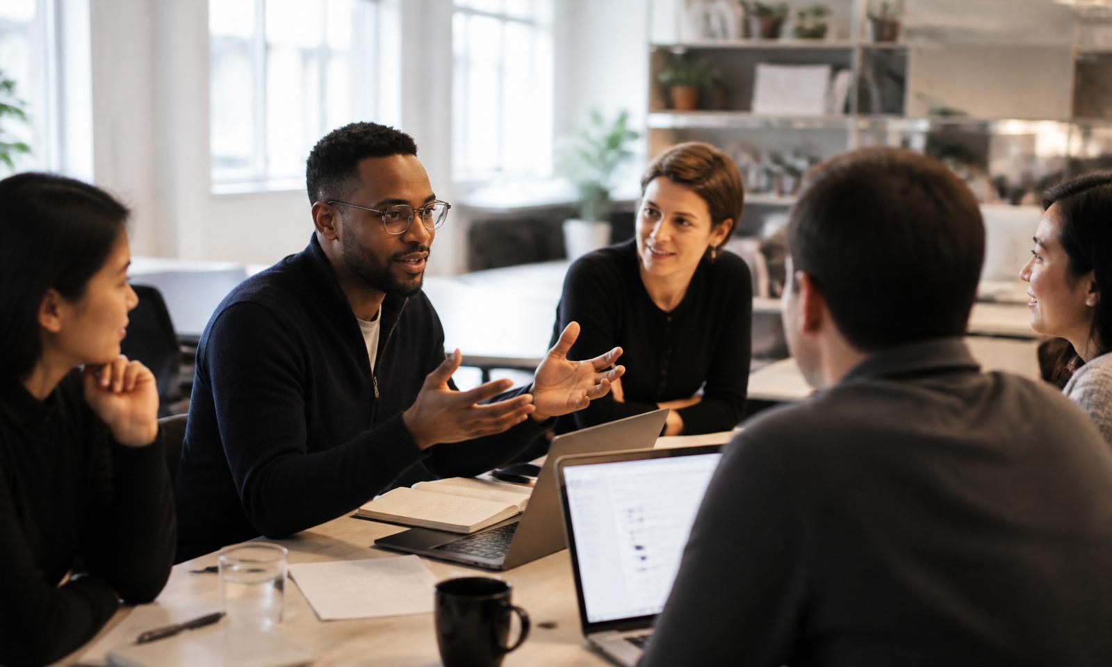 A diverse executive team collaborating in a bright, modern workspace