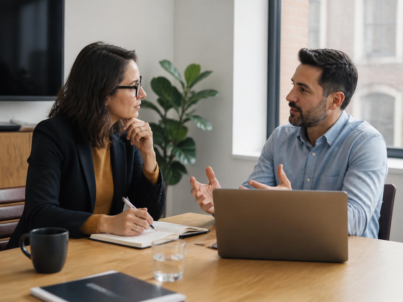Two professionals in conversation across a table in a modern office