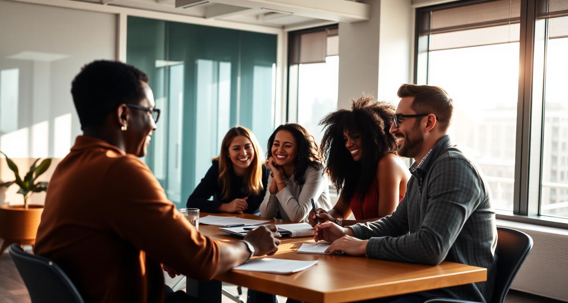 A diverse team laughing and collaborating in a bright modern workspace